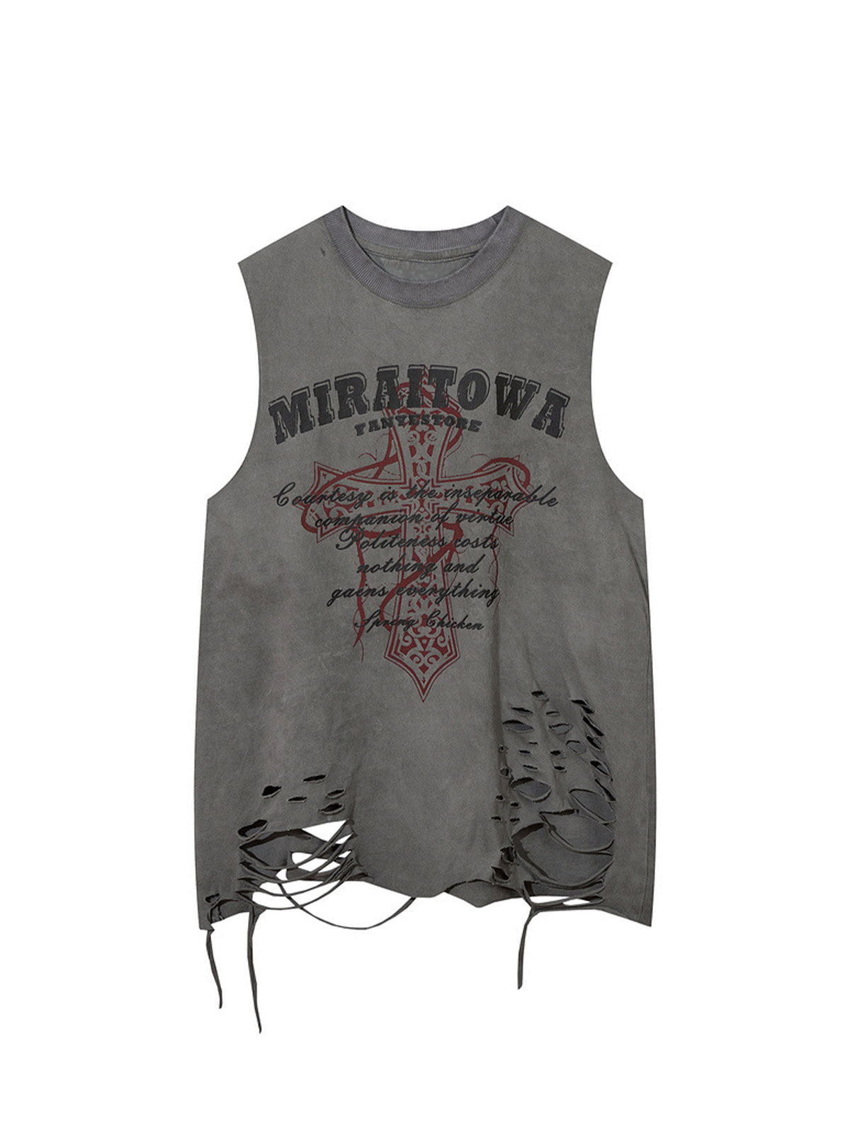 Distressed Ripped Graphic Cross Print Vest
