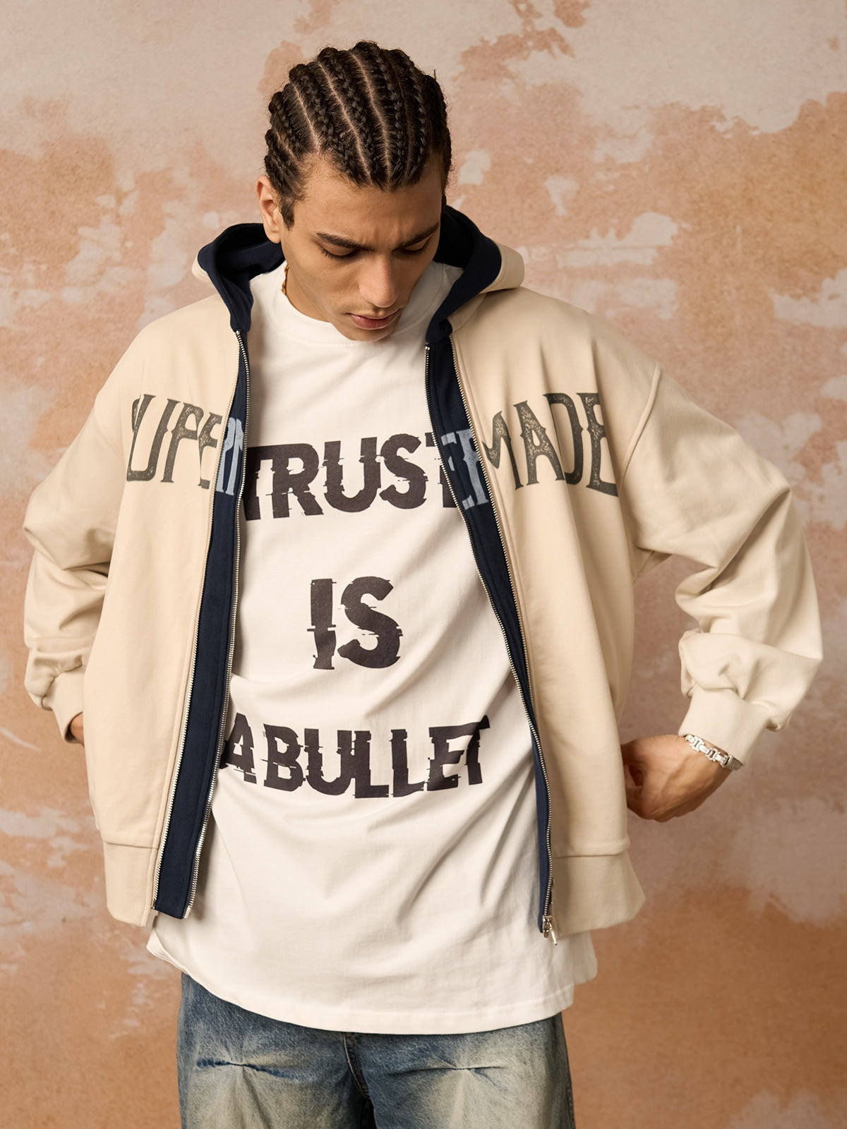 Original Contrast Color Zip Up Hoodie