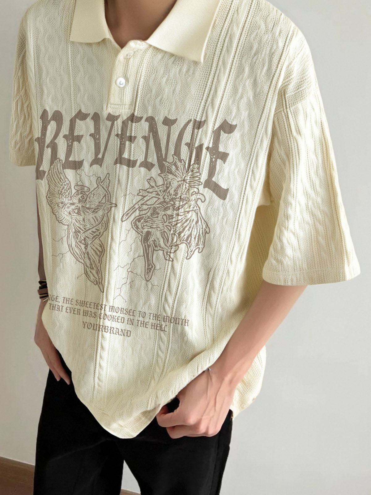 Retro Letter Print Lapel Short Sleeve Polo Shirt