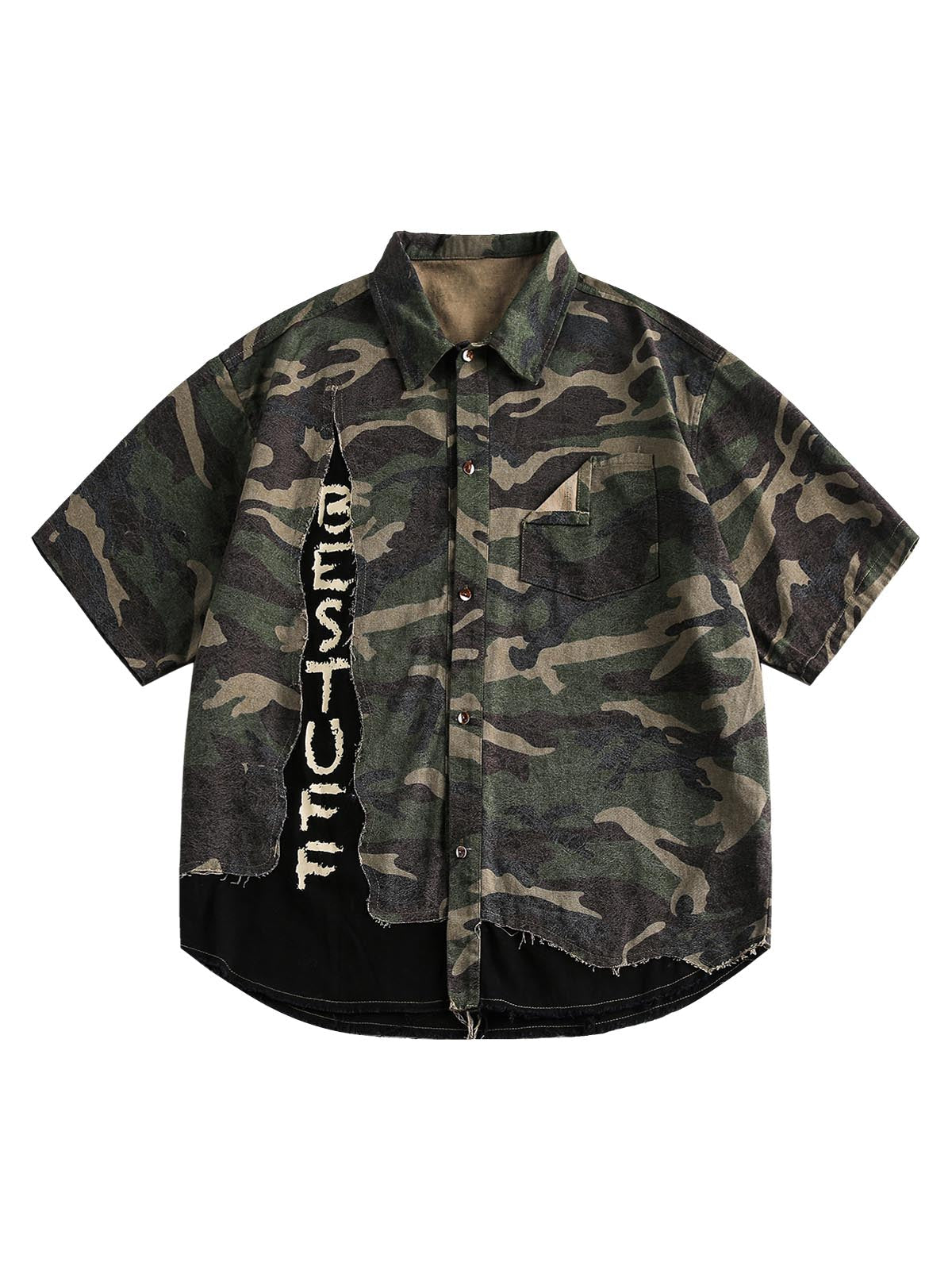 Camouflage Patchwork Print Letter Short Sleeve Shirt