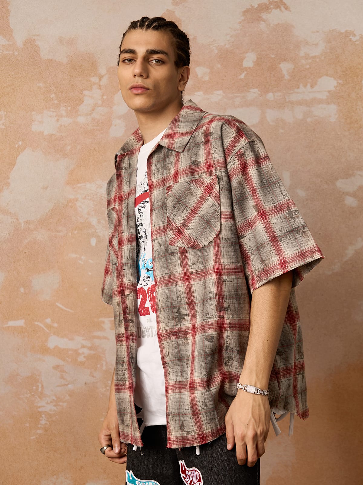 Distressed Patch Plaid Short-Sleeve Shirt