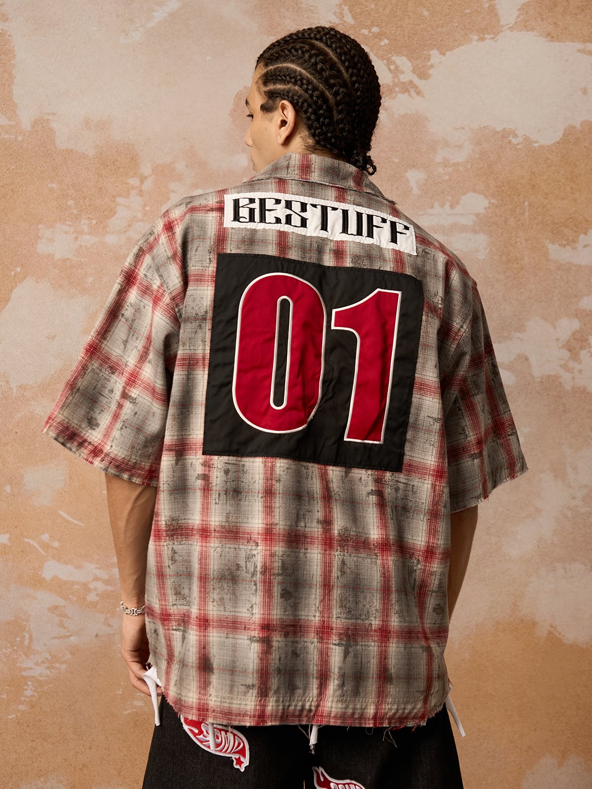 Distressed Patch Plaid Short-Sleeve Shirt